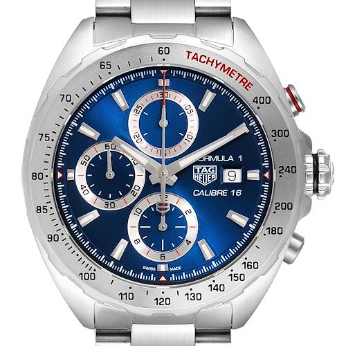 The image shows a head-on view of the Tag Heuer Formula 1 watch, focusing on the watch face with tachymeter, chronographs, and date window.