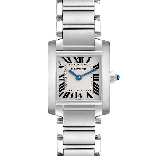 This image shows a front view of the Cartier Tank Française watch, highlighting the silver case, bracelet, and Roman numeral dial.
