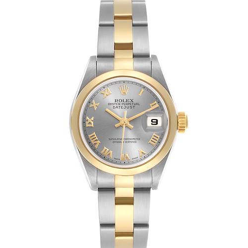 The Rolex Datejust watch is shown straight on, highlighting the dial, bezel, and bracelet.