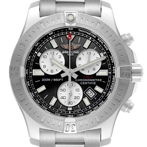 This Breitling Colt watch is shown from a front angle displaying the dial, bezel, crown, and subdials.