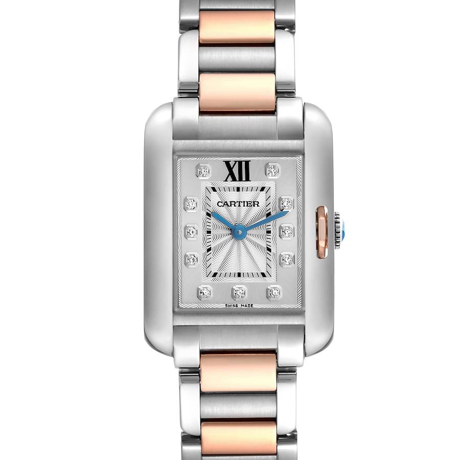 The Cartier Tank Anglaise watch is shown from a front view, highlighting its dial, Roman numeral hour markers, and metal bracelet.