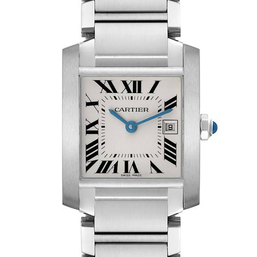 The image shows a front view of the Cartier Tank Française watch, highlighting the face, Roman numerals, and metal bracelet.