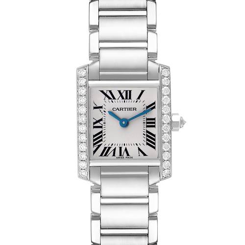 The Cartier Tank Française watch is shown from the front, displaying its rectangular face, Roman numerals, blue hands, and linked band.
