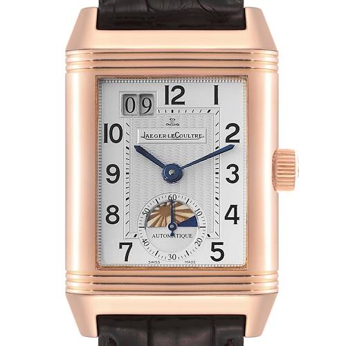 The image shows a frontal view of a Jaeger LeCoultre Reverso watch, highlighting its rectangular dial and rose gold case.