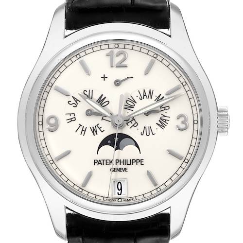 The image shows a Patek Philippe Complications watch from a front angle, highlighting its dial, moon phase, and calendar functions.