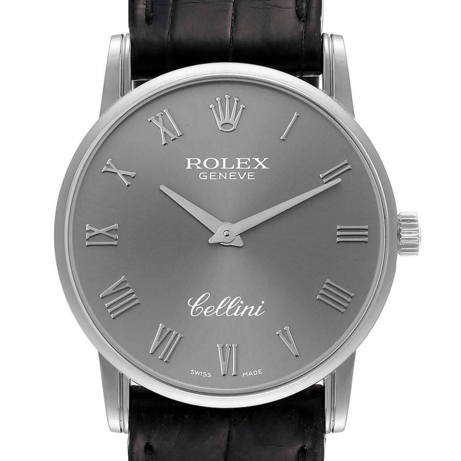 The image shows a frontal view of a Rolex Cellini watch, highlighting its dial, Roman numerals, and crown.
