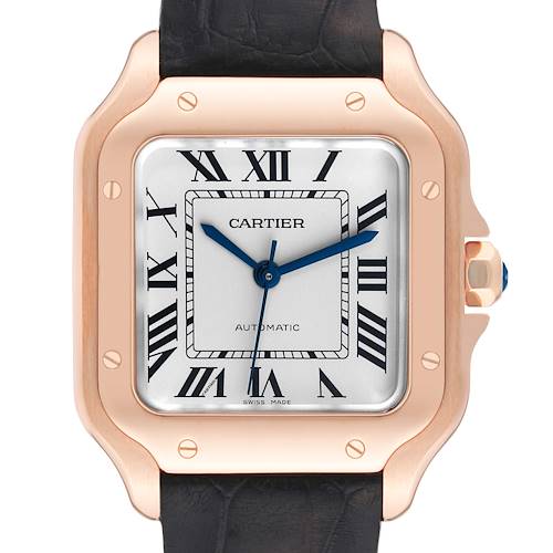 This image shows a close-up frontal view of the face of a Cartier Santos watch with a leather strap and rose gold case.