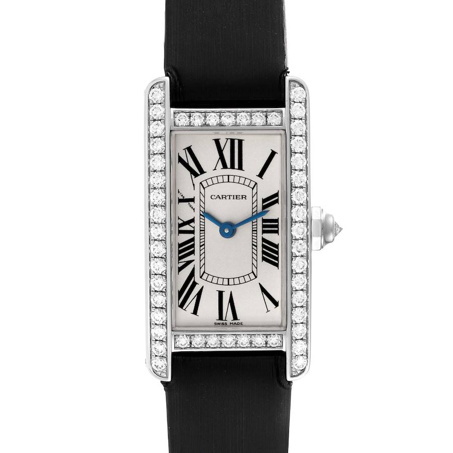 This is a frontal view of the Cartier Tank Americaine watch, showing the dial, strap, and diamond-studded bezel.