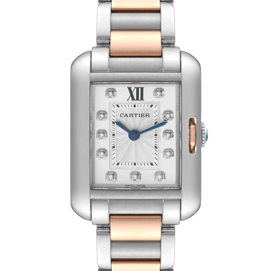The image shows a front view of a Tank Anglaise watch by Cartier, displaying the dial, case, bracelet, and crown.