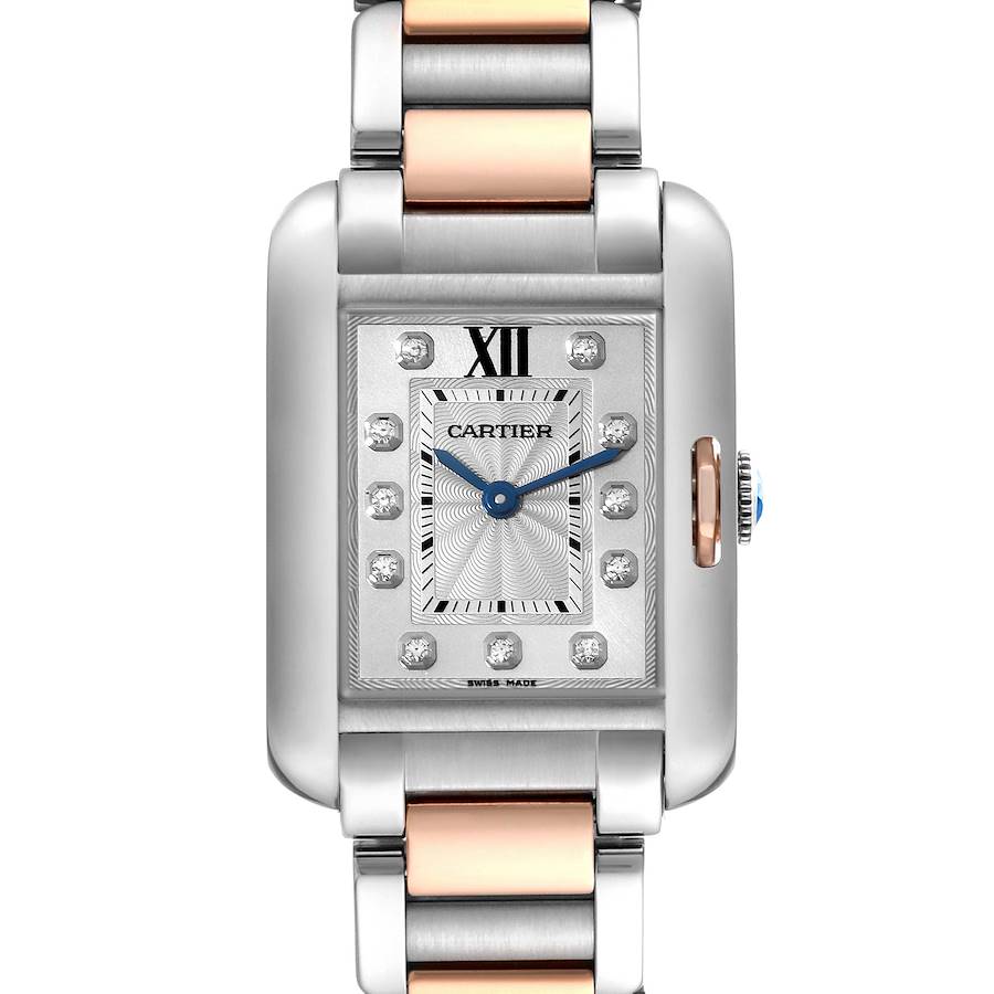 The Cartier Tank Anglaise watch is shown from a front angle, highlighting its rectangular case, silver and gold bracelet, and intricate dial.