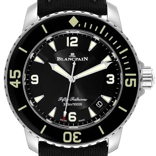 The image shows a front view of the Blancpain Fifty Fathoms watch displaying the dial, bezel, and part of the strap.