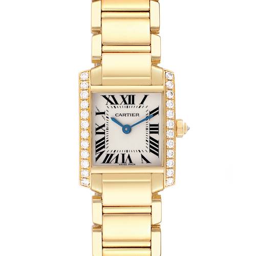 The Cartier Tank Francaise watch is shown from the front, highlighting its rectangular case, bracelet, and diamond-set bezel.