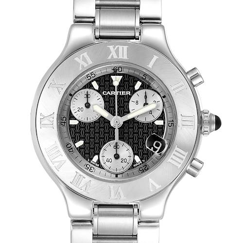 The image shows a frontal view of a Cartier Must 21 Chronoscaph watch, displaying the dial, bezel, and part of the bracelet.