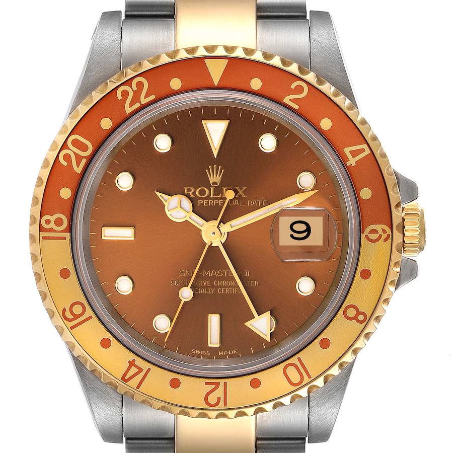 The Rolex GMT-Master watch is shown from a front angle, displaying its brown bezel, face, and date window.