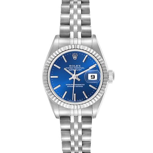 The Rolex Datejust watch is shown from a top view, displaying the blue dial, fluted bezel, and Jubilee bracelet.