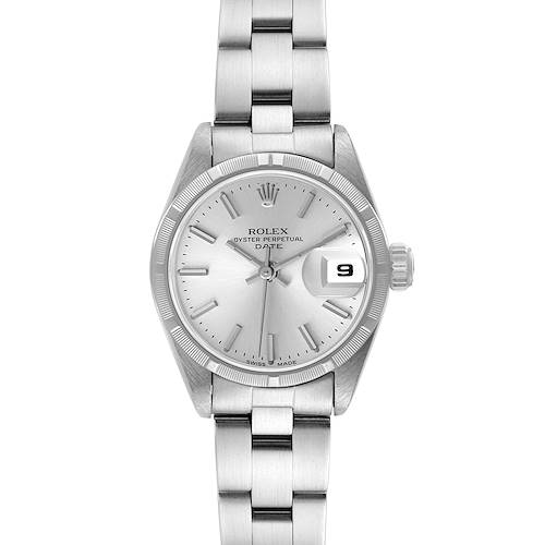 The image shows a front view of a Rolex Date model watch, highlighting its dial, stainless steel bracelet, and date window.