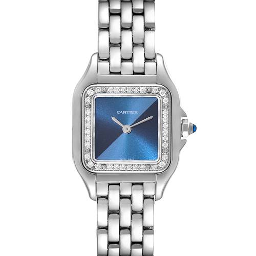 This image shows a frontal view of a Cartier Panthere watch, displaying the face, bezel, and part of the bracelet.