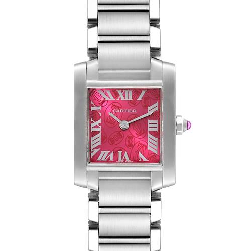This image shows a front view of the Cartier Tank Francaise watch, highlighting its metal bracelet, rectangular case, and pink dial with Roman numerals.