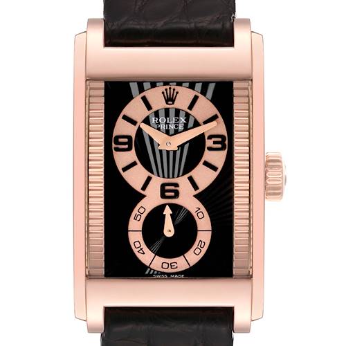 The image shows a front view of the Rolex Cellini Prince watch with a rose gold case and black leather strap.