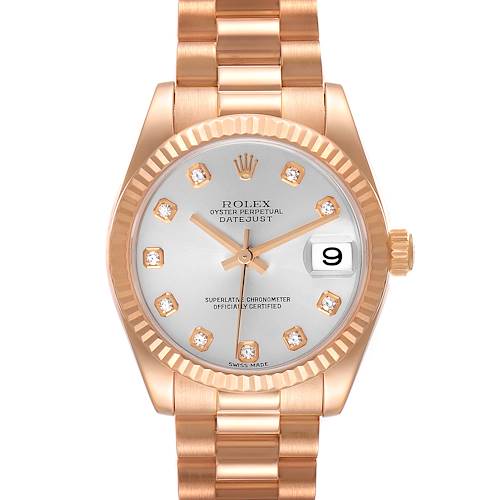 This image shows the front view of the Rolex President model watch, displaying its dial, hands, date window, and bracelet.