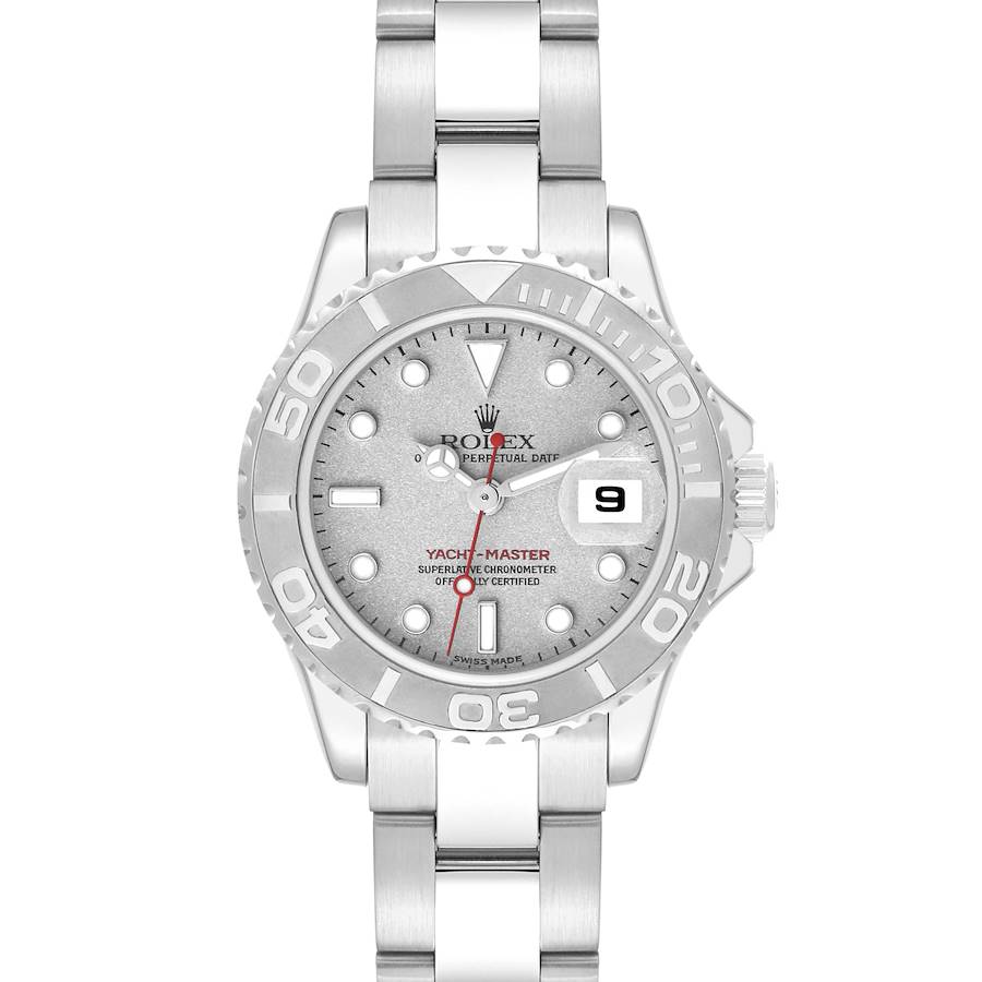 The Rolex Yacht-Master watch is shown from a front angle, highlighting its face, bezel, crown, and bracelet.