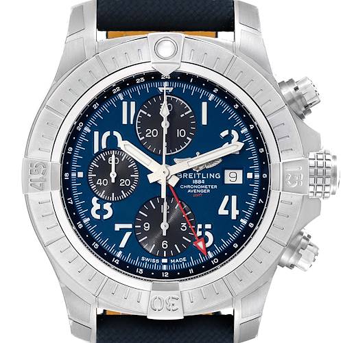 The image shows a front view of the Breitling Avenger watch, highlighting its dial, bezel, and chronograph subdials.