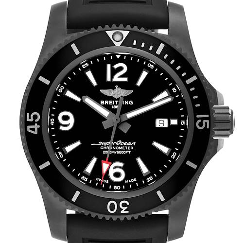 This image shows a front view of a Breitling Superocean watch, highlighting its face, bezel, crown, and part of the strap.