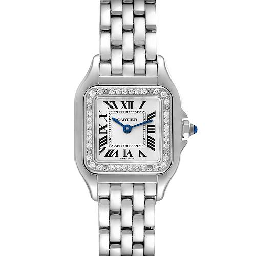 The Cartier Panthere watch is shown from a top-down angle featuring the face, bezel, dial, hands, and bracelet.