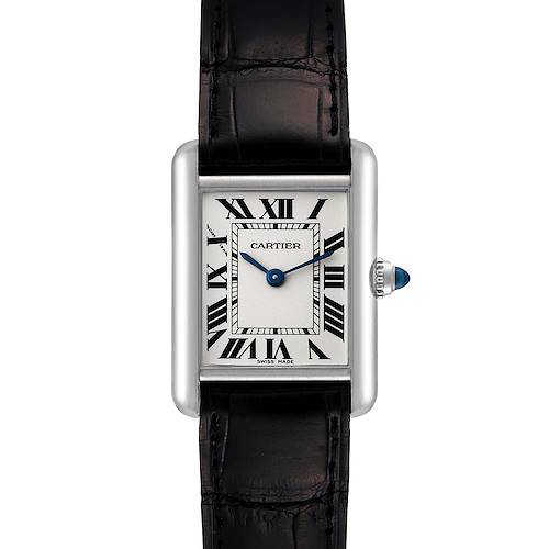 The image shows a front view of the Cartier Tank Louis watch, including its leather strap and rectangular face.