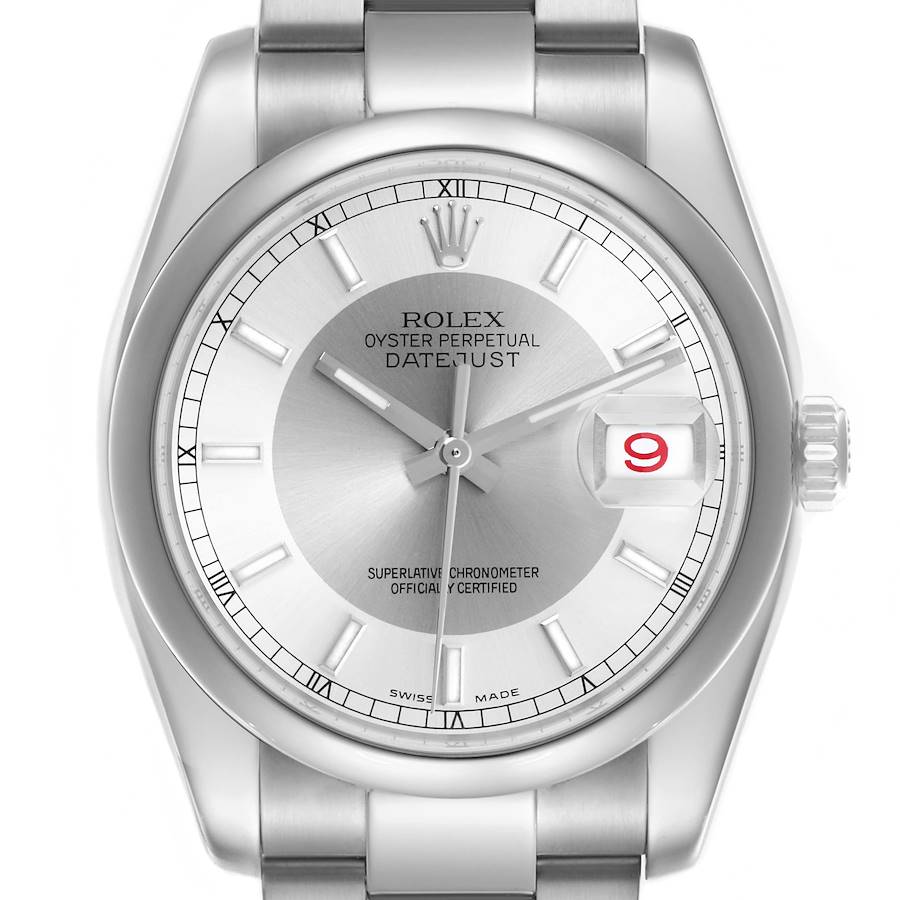 The Rolex Datejust watch is shown from a front angle, displaying its dial, hands, bezel, and part of the bracelet.