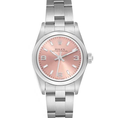The image shows a front view of a Rolex Oyster Perpetual watch, displaying its dial, bezel, and stainless steel bracelet.