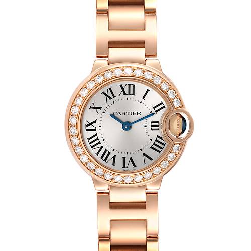 The image shows a front view of a Cartier Ballon Bleu watch, highlighting the face, bezel with diamonds, and part of the bracelet.