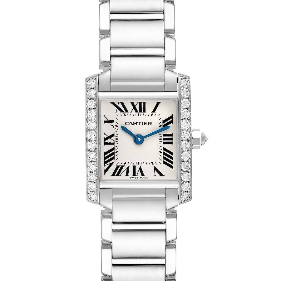 The image shows a front view of the Cartier Tank Francaise watch, highlighting its square face, Roman numerals, and metal bracelet.