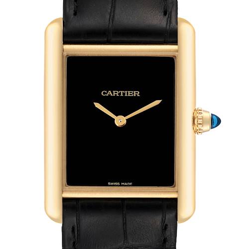 This image shows a close-up of the face and leather strap of the Tank Louis watch model by Cartier.