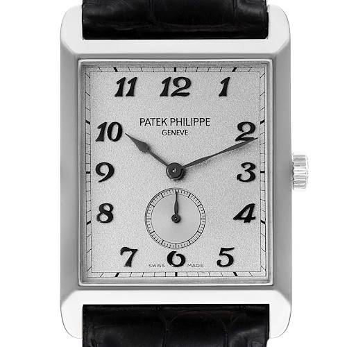 The image shows a front view of the Patek Philippe Gondolo watch, highlighting the dial, hands, numerals, subdial, crown, and part of the strap.