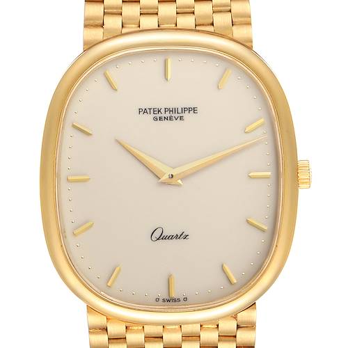 The image shows a front view of a Patek Philippe Golden Ellipse model watch, highlighting its dial, bezel, crown, and bracelet.