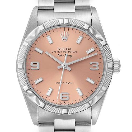 The image shows a front view of the Rolex Air-King watch, displaying the face, bezel, crown, and part of the bracelet.