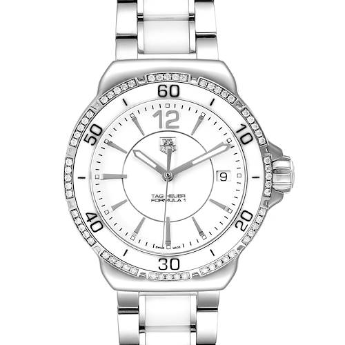 The Tag Heuer Formula 1 watch is shown from a front angle displaying the dial, bezel, and part of the bracelet.