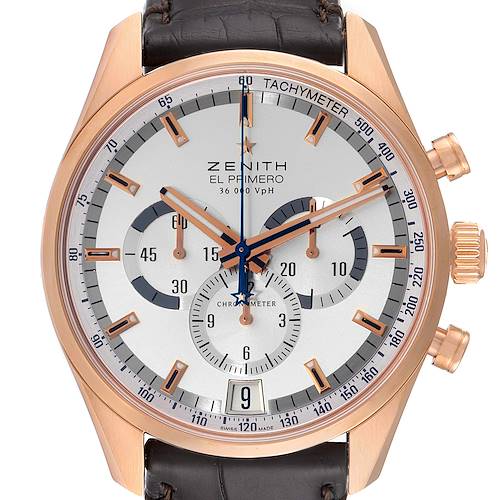 This image shows a close-up, front-facing view of the Zenith El Primero watch, highlighting its dial, subdials, tachymeter, and push-buttons.