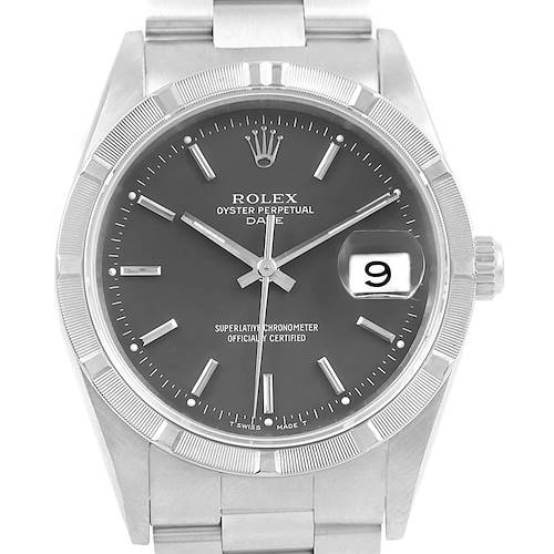 The image shows a front angle of a Rolex Date model watch, displaying the dial, hands, date window, and crown.
