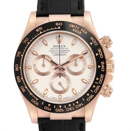 The image shows a front view of the Rolex Daytona watch, displaying the dial, bezel, and part of the black leather strap.