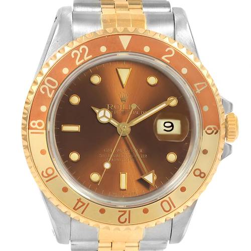 The Rolex GMT-Master watch is shown from a front angle, displaying its dial, bezel, and part of its two-tone bracelet.