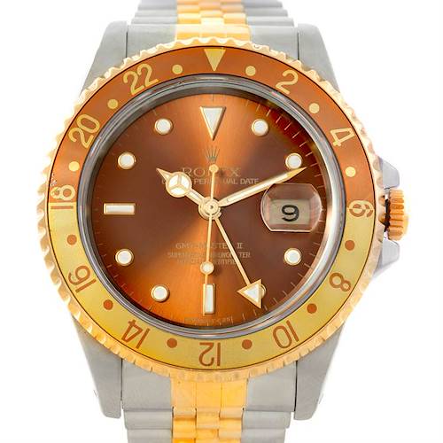 This image shows a frontal view of the Rolex GMT-Master II watch, featuring its bezel, dial, hands, date window, and bracelet.