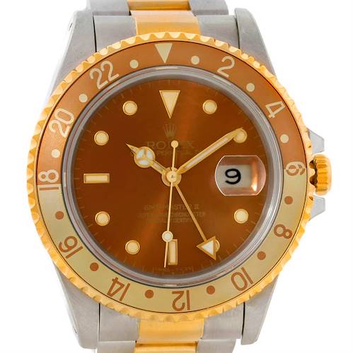 The image shows a front view of a Rolex GMT-Master watch, showcasing its bezel, dial, and bracelet.