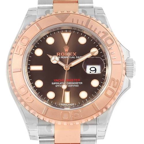 This image shows a front view of the Rolex Yacht-Master watch, displaying its face, rose gold bezel, and mixed metal bracelet.