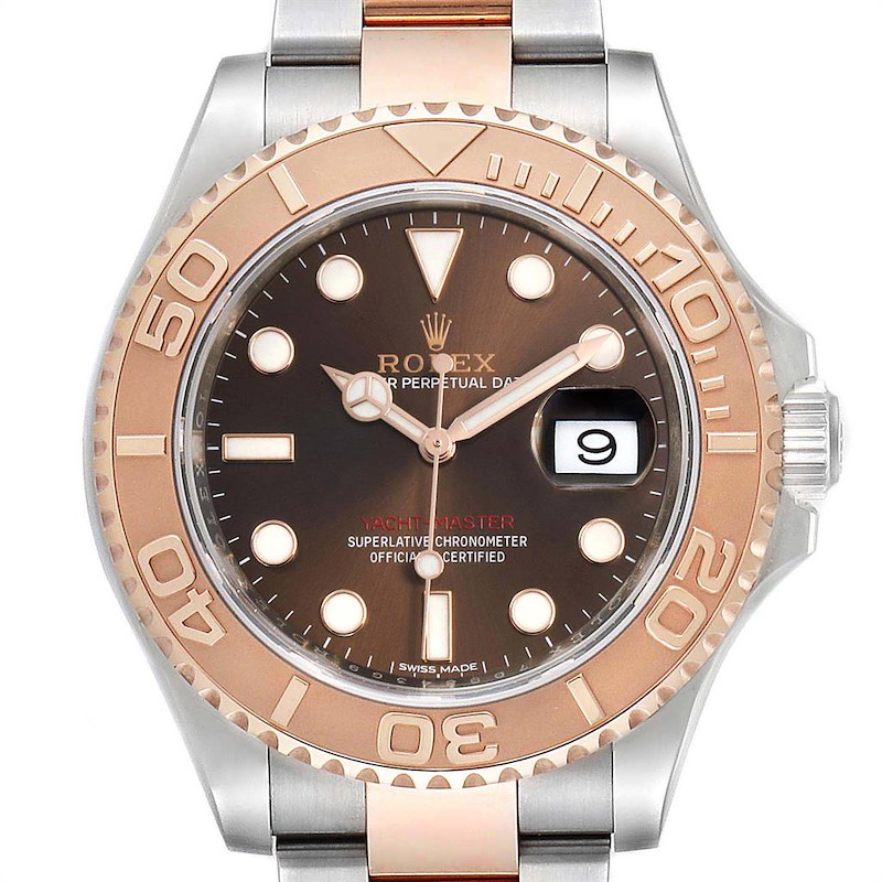 The image is a front view of a Rolex Yacht-Master watch, showing the bezel, dial, hands, date display, and part of the bracelet.