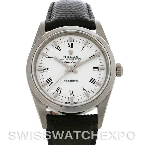 The image shows a front view of the Rolex Air-King watch displaying its face and strap.