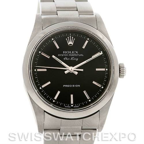 This image shows a front view of a Rolex Air-King watch, highlighting its black dial, stainless steel case, and bracelet.