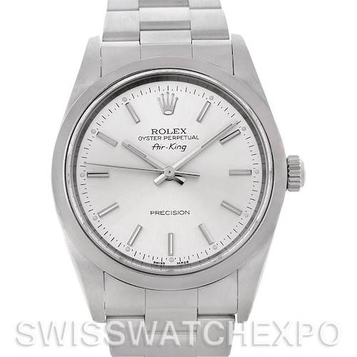 The image shows a front view of a Rolex Air-King watch, displaying the dial, hands, crown, and bracelet.