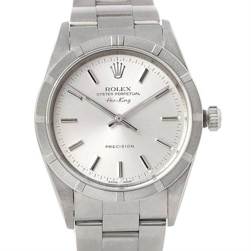 The Rolex Air-King watch is shown from the front, displaying its face, bezel, case, and bracelet.